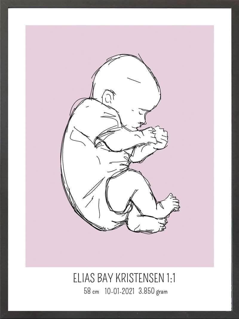 Birth poster / fødselsplakat 1:1 - Fosterstilling lyserød
